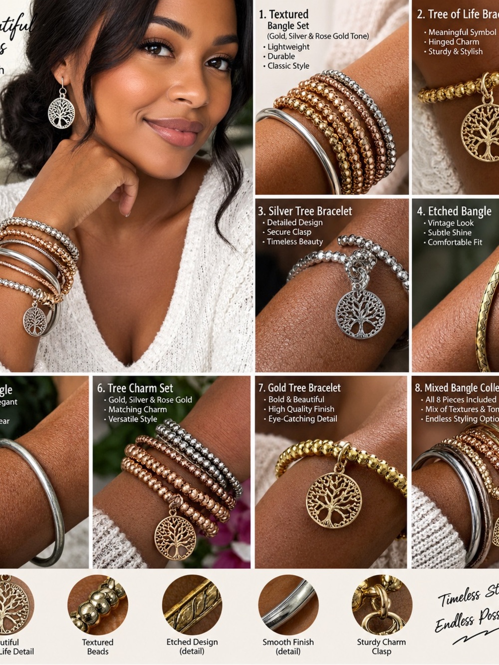 Tree of Life Mixed Metal Bracelet Set - Silver, Gold & Rose Gold-6pices
